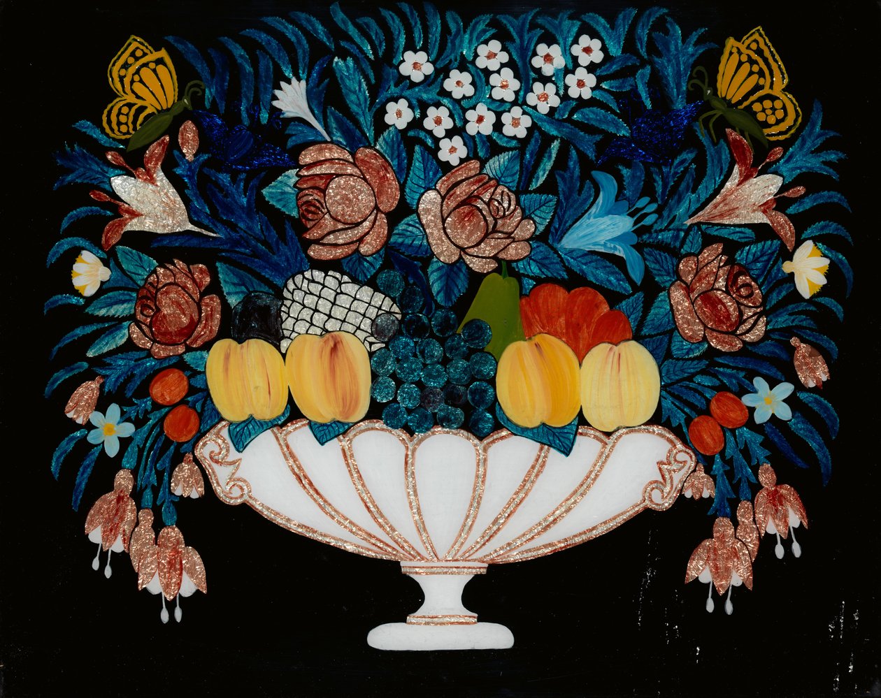 Stilleben - blomster og frukt i hvit og rosa skål, 1840-60. av Unbekannt