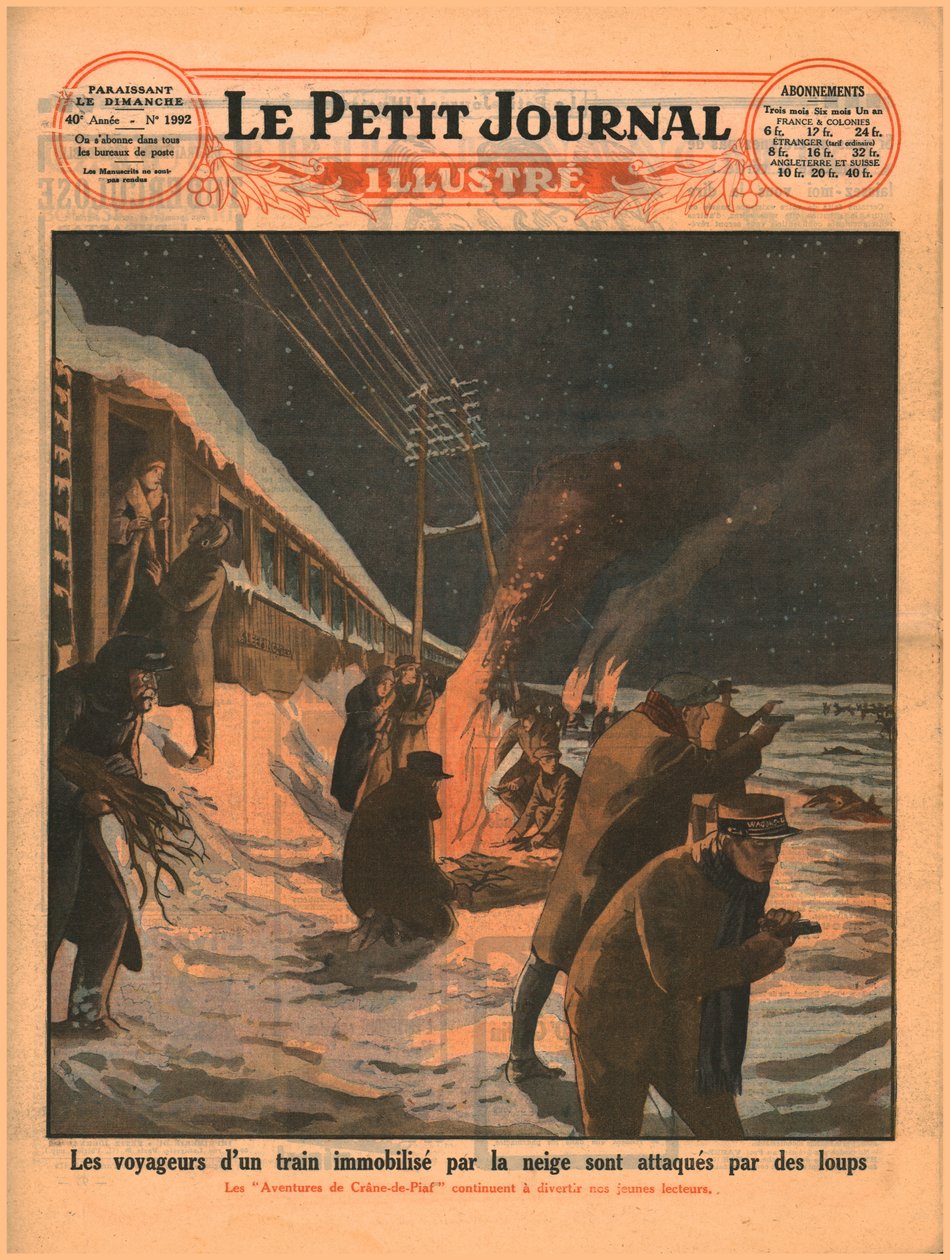 Strandede togpassasjerer blir angrepet av ulv, 1929. av Unbekannt
