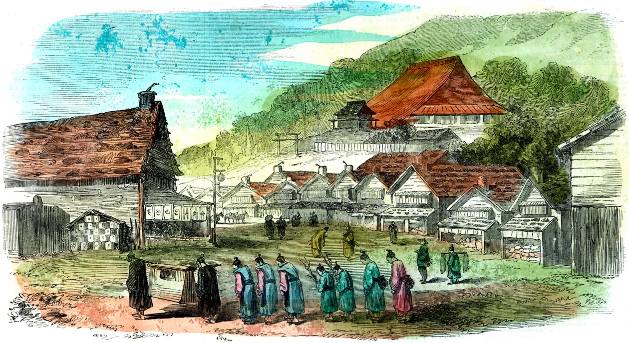 Gate i Hakodate, og begravelsesprosesjon, Japan, 1856 av Unbekannt