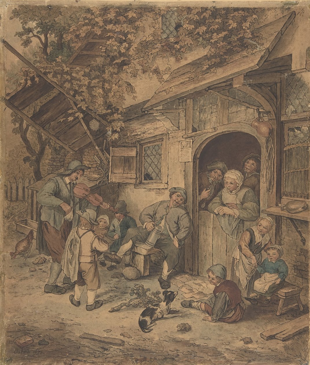 Vandrende fiolinist ved en dør i ølhuset, 1625-85. av Unbekannt
