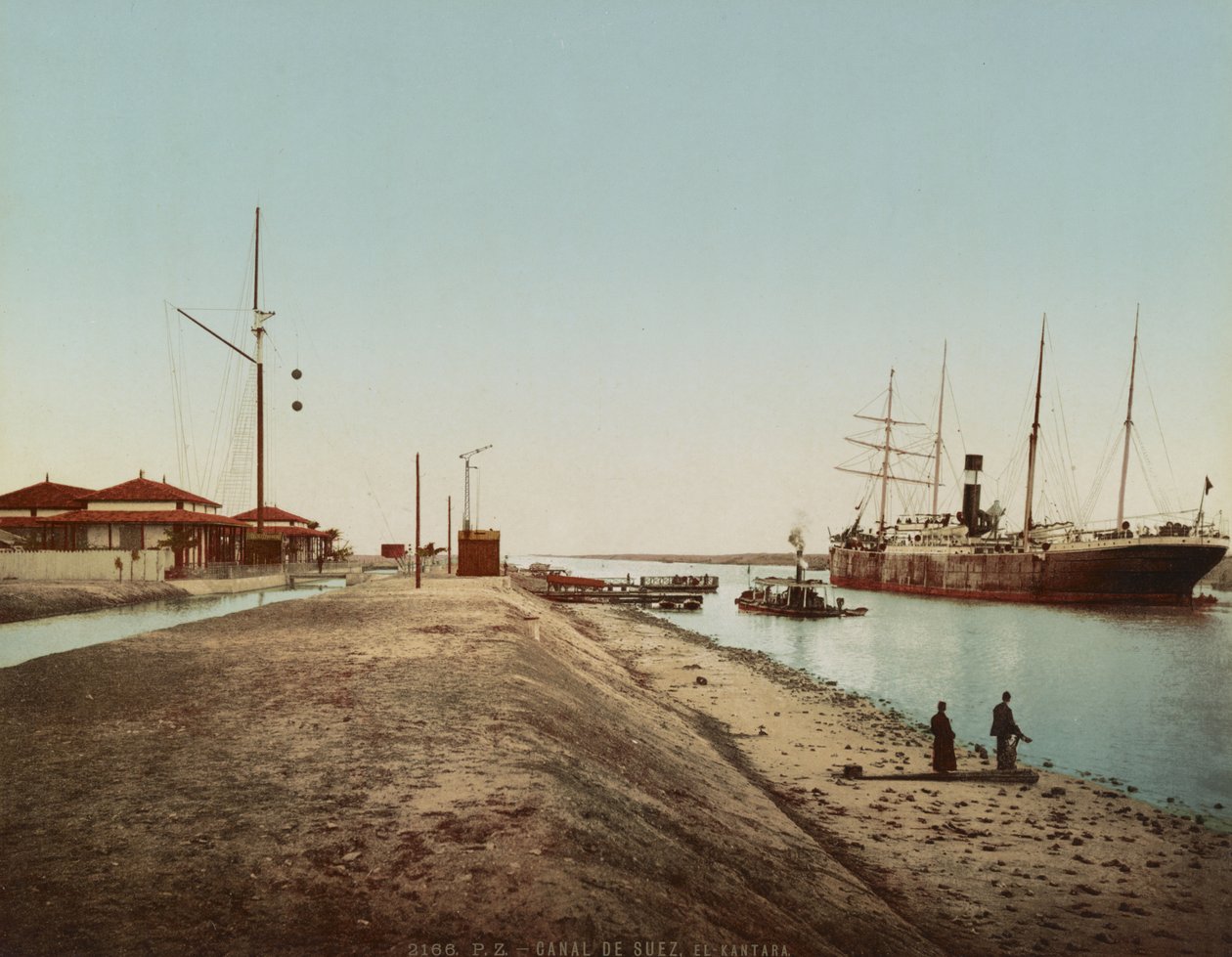 Suez-kanalen ved El Qantara, ca. 1900 (fargefotokrom) av Unbekannt