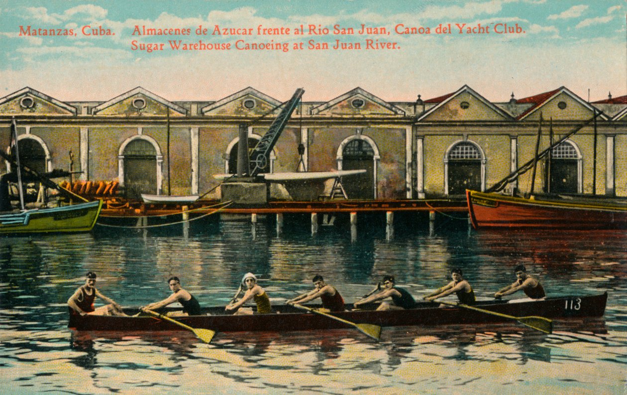 Sugar Warehouse Kanopadling, San Juan River, Matanzas, Cuba, c1920-tallet av Unbekannt
