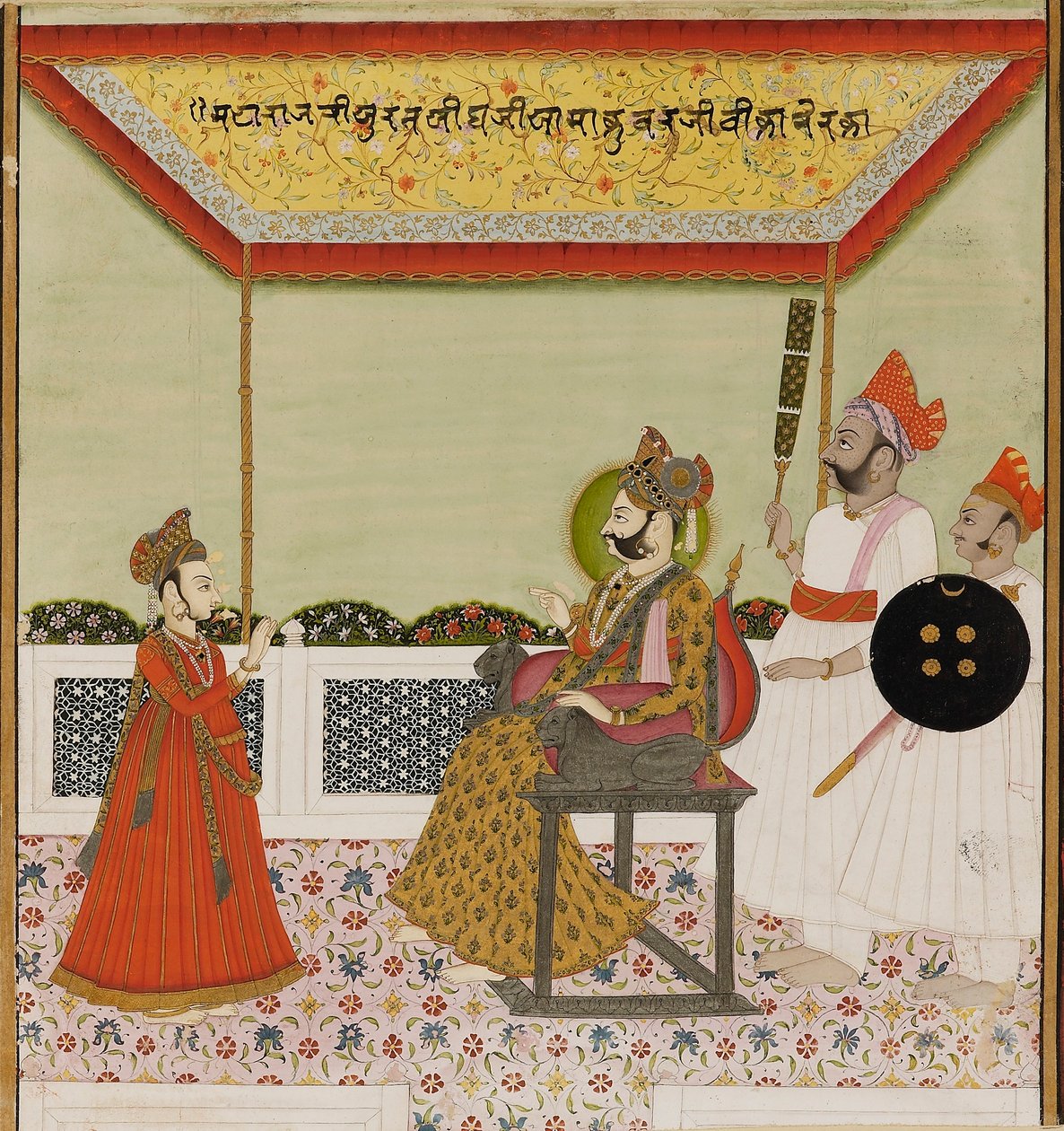 Surat Singh sitter på en løvevæpnet trone og tar imot sin unge sønn, ca. 1800 av Unbekannt