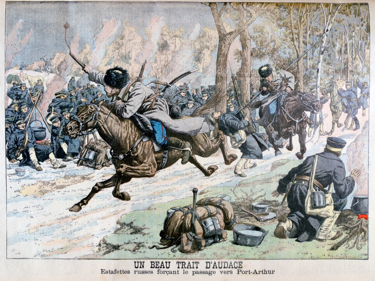 Overraskelsesangrep fra russisk kavaleri på veien til Port Arthur, russisk-japanske krigen, 1904 av Unbekannt