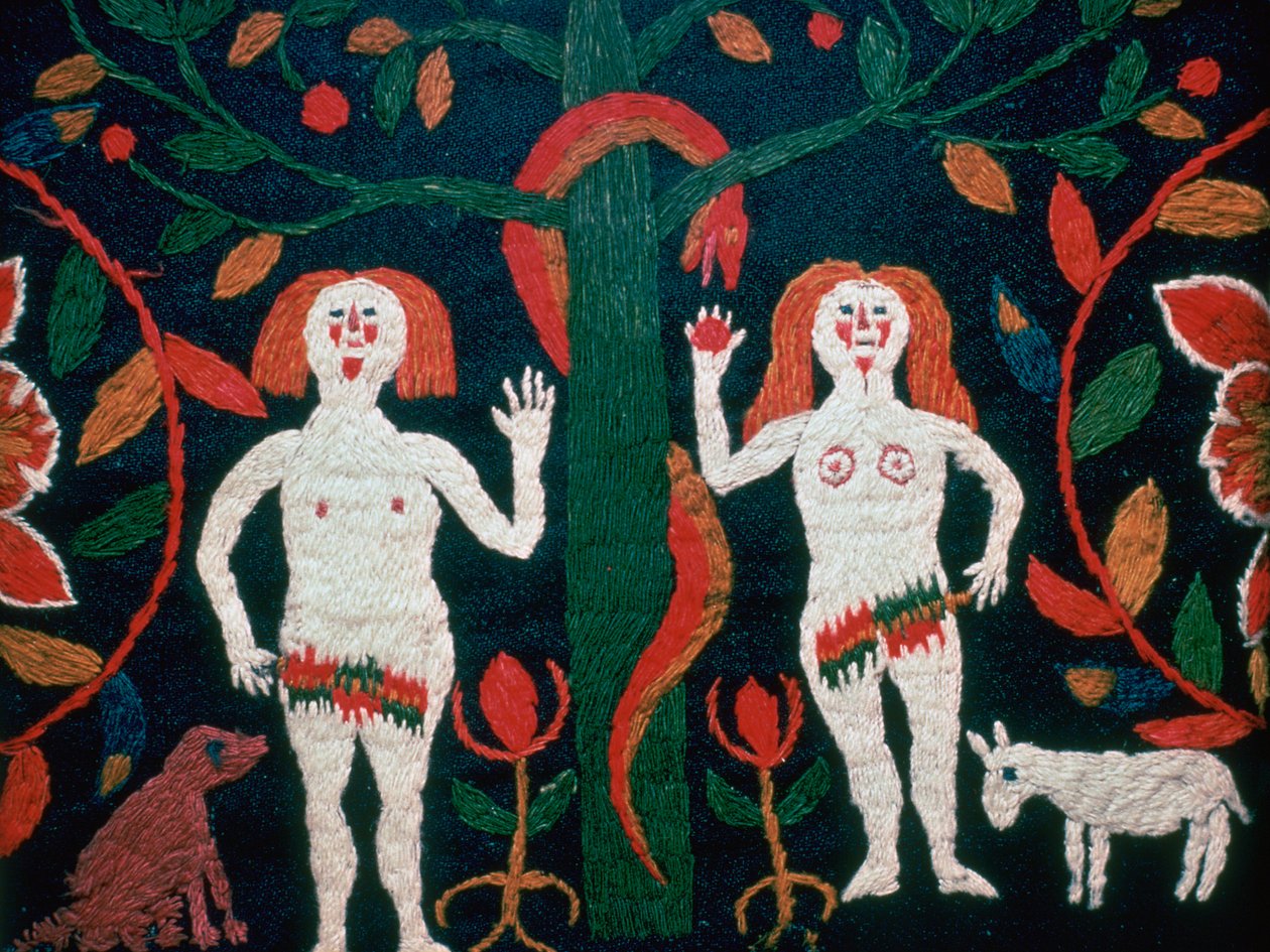 Svensk broderi av Adam, Eva og slangen, 1800-tallet av Unbekannt