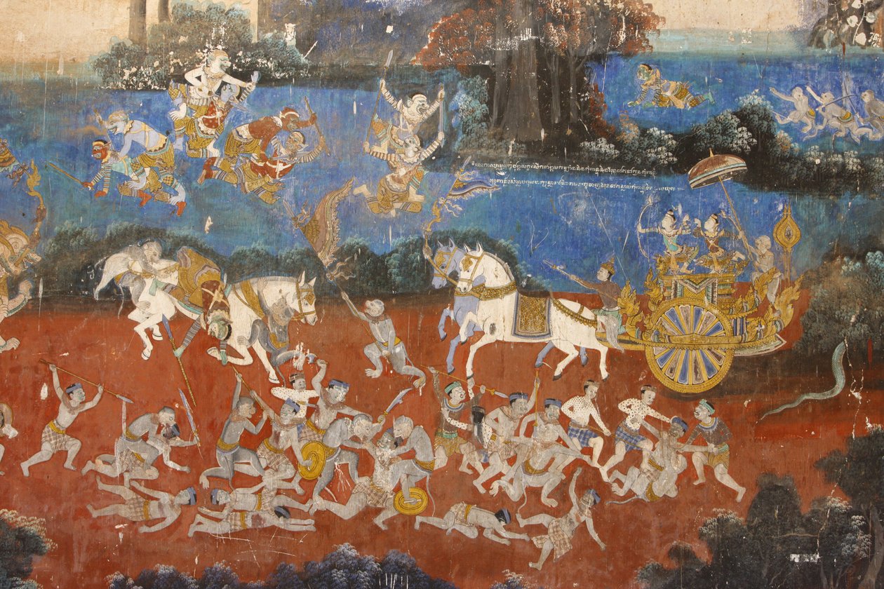 Sylver Pagoda Dette veggmaleriet viser scener fra Reamker, som er den kambodsjanske eller khmeriske versjonen av det klassiske hinduistiske diktet Ramayana, Phnom Penh, Kambodsja av Unbekannt