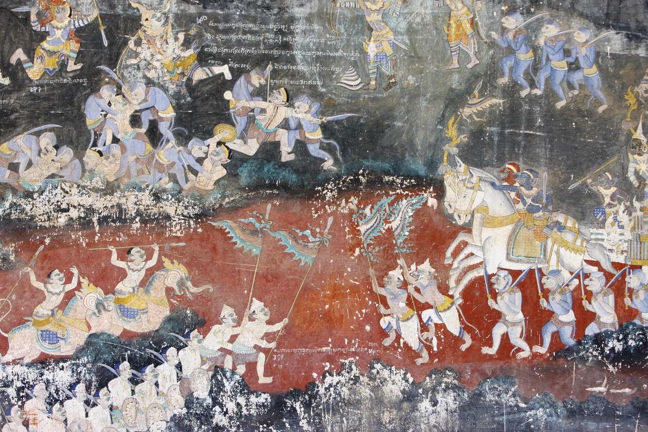 Sylver Pagoda Dette veggmaleriet viser scener fra Reamker, som er den kambodsjanske eller khmeriske versjonen av det klassiske hinduistiske diktet Ramayana, Phnom Penh, Kambodsja av Unbekannt