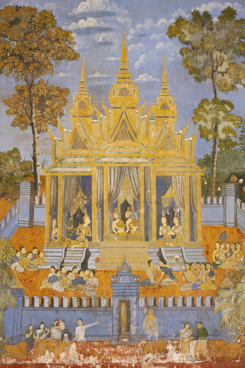 Sylver Pagoda Dette veggmaleriet skildrer scener fra Reamker, som er den kambodsjanske eller khmeriske versjonen av det klassiske hinduistiske diktet Ramayana, Phnom Penh, Kambodsja av Unbekannt