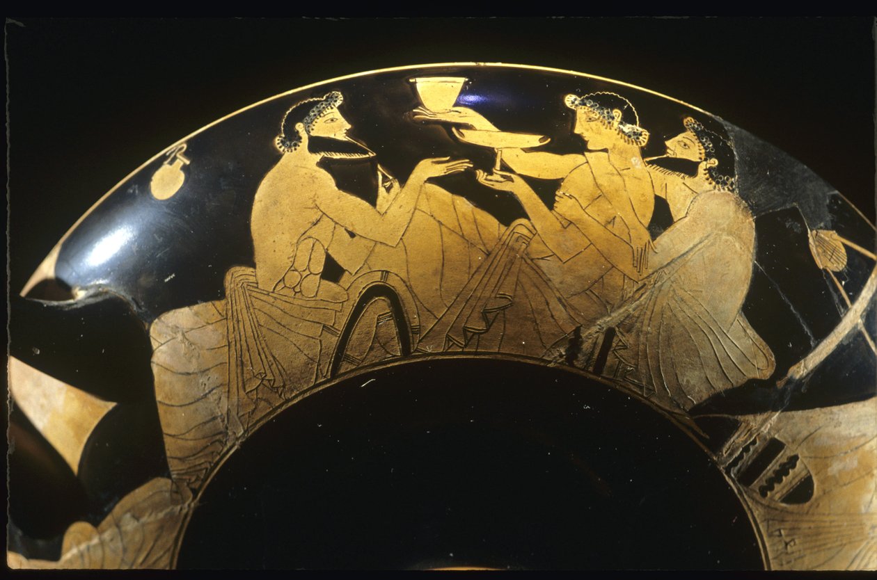 Symposiumscene på rød figur Attic kylix, vinbeger, 500-tallet f.Kr. av Unbekannt