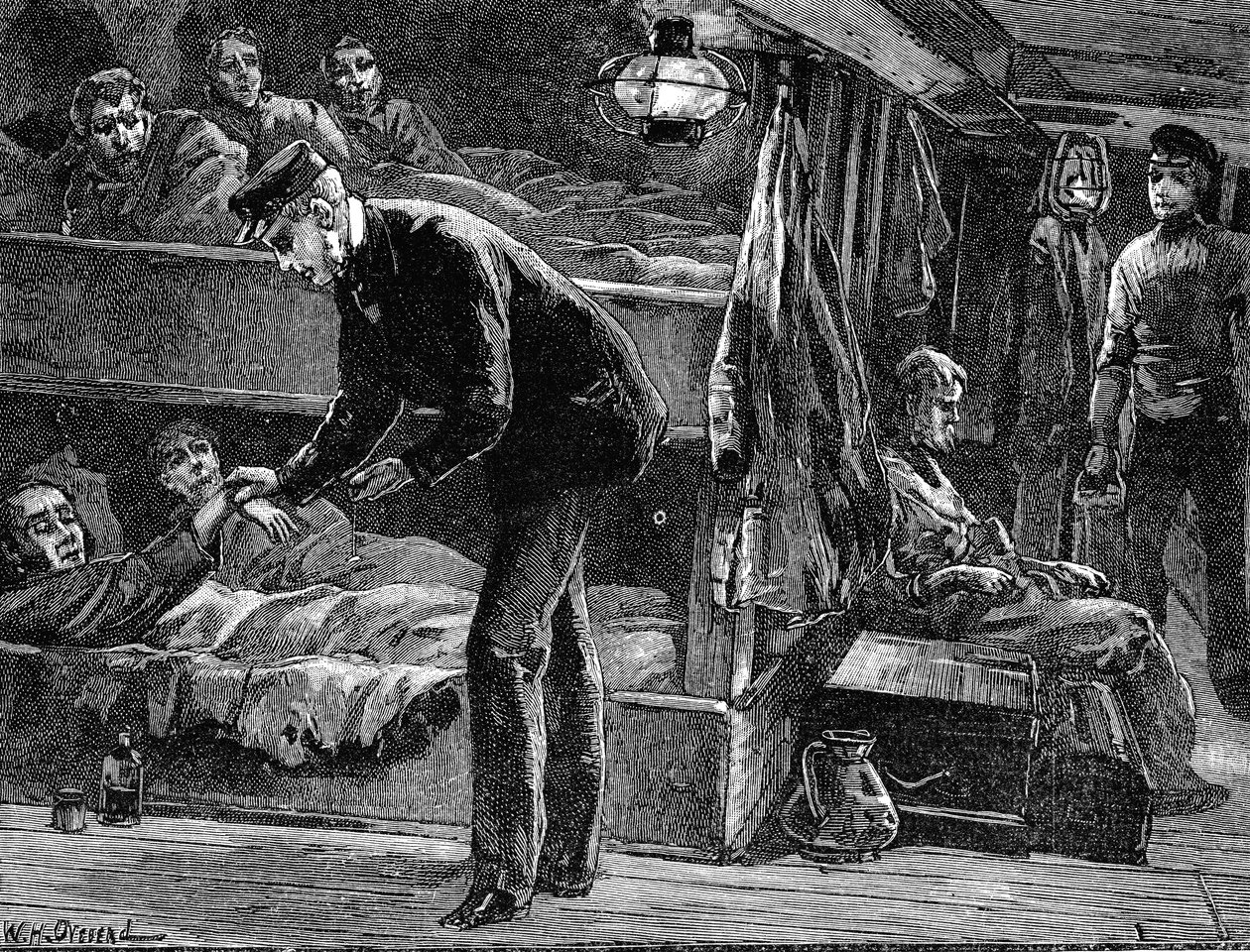 Tar pulsen på en syk irsk emigrant om bord på skip, 1840-tallet c1890 av Unbekannt