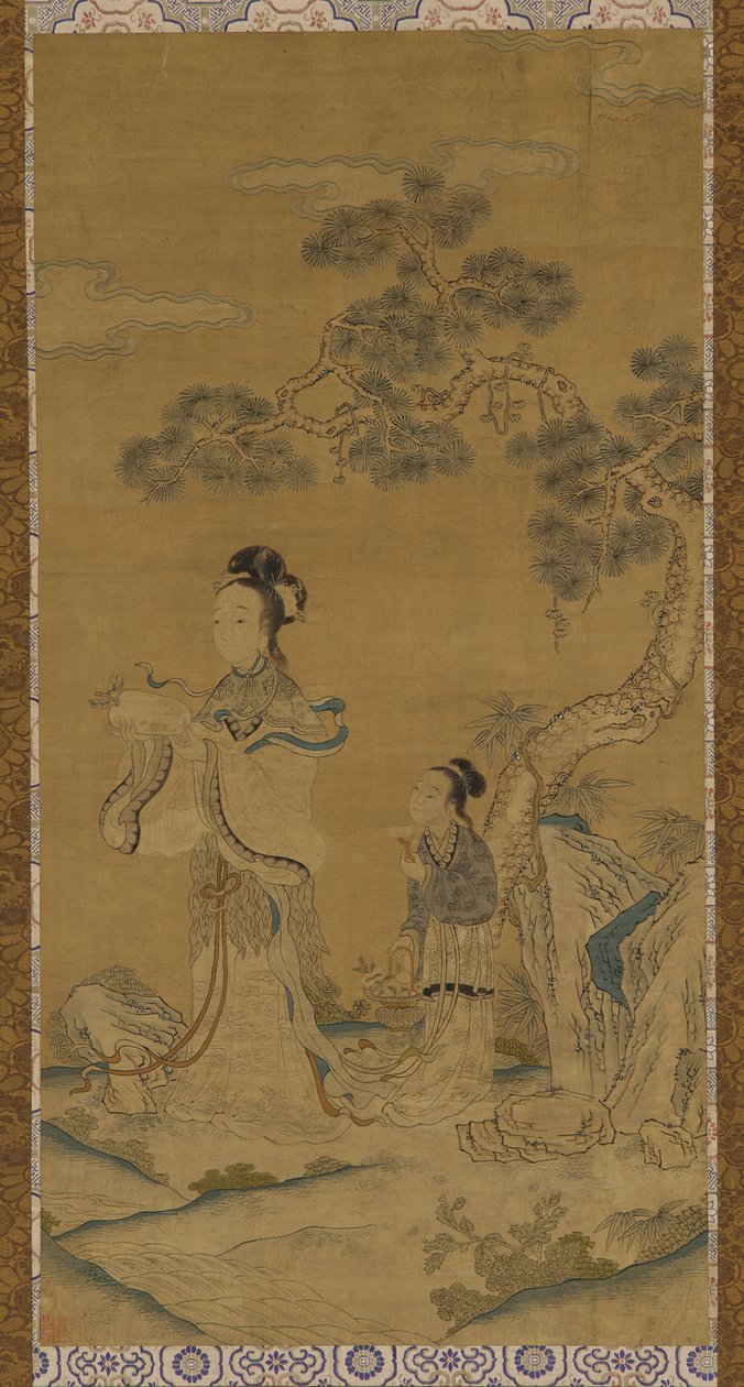 Tapestry: en daoistisk kvinnelig udødelig og ledsager under en furu, Ming-dynastiet, 1368-1644. av Unbekannt