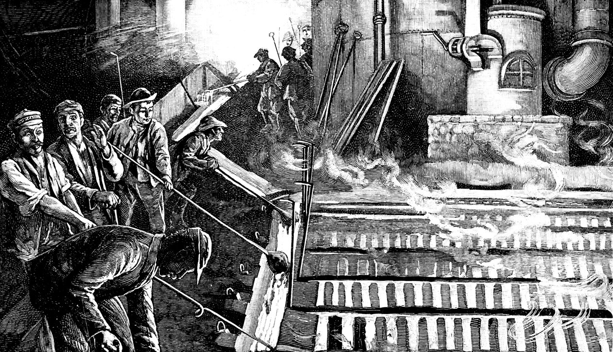 Å tappe en masovn og støpe jern til griser, c1900 av Unbekannt