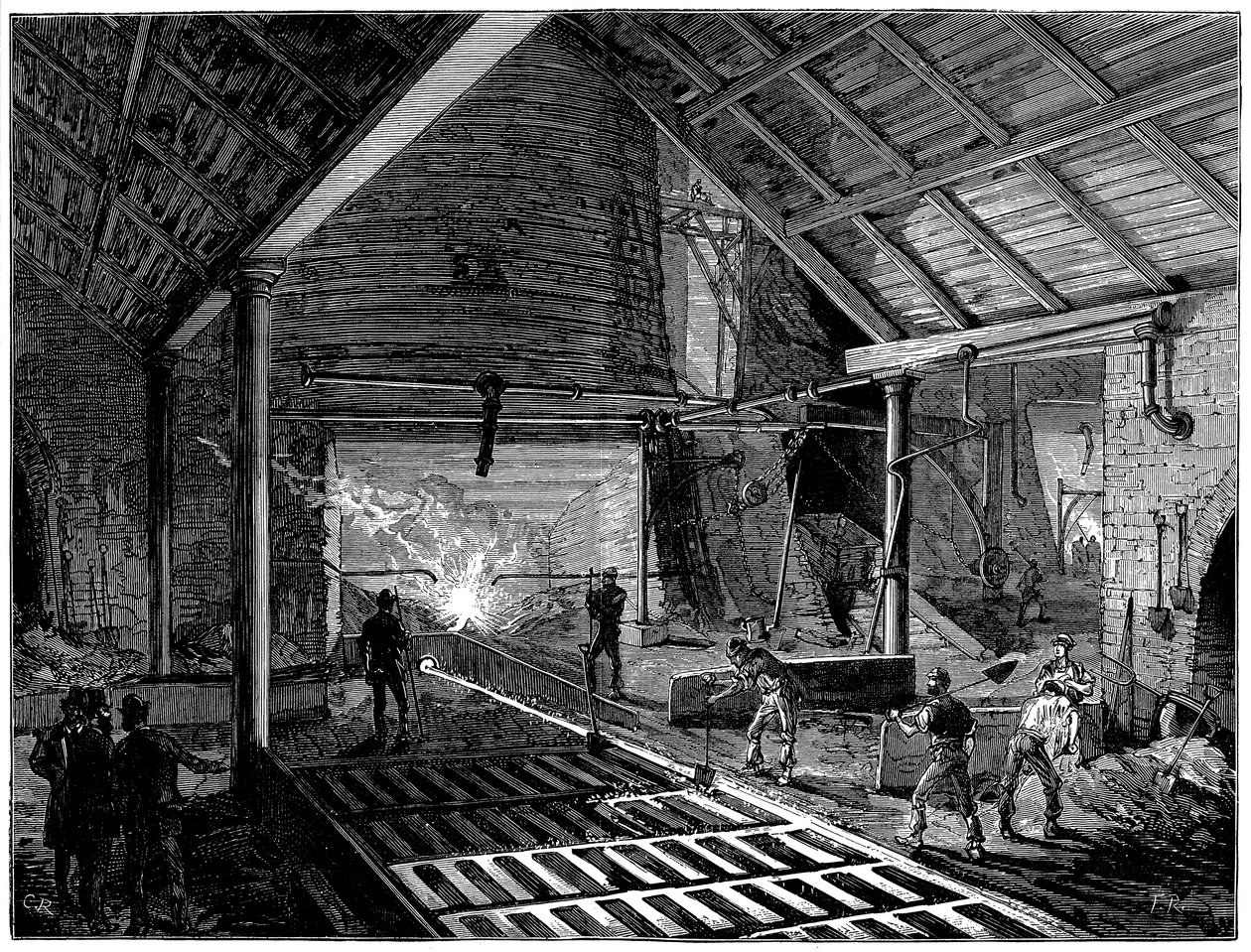 Tappe en masovn og kjøre smeltet jern inn i grisene, c1885 av Unbekannt