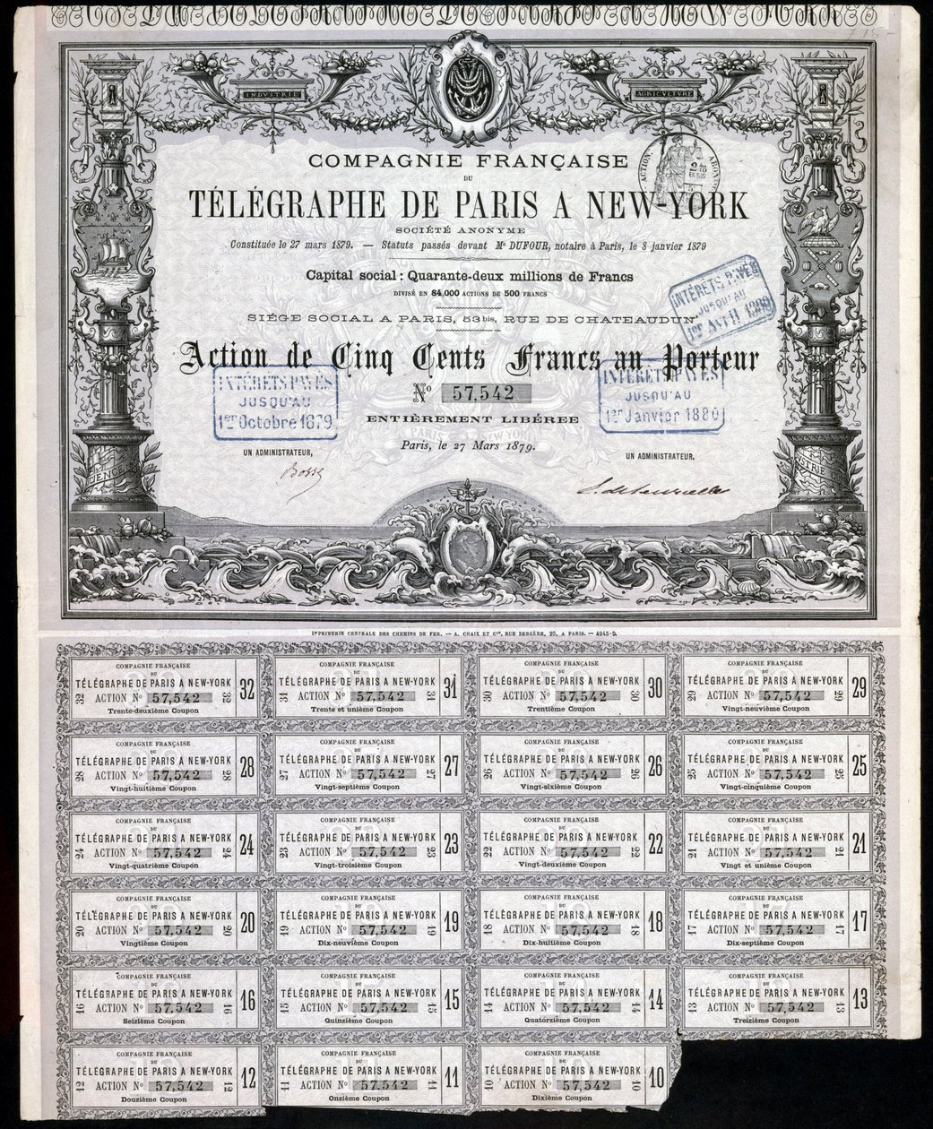 Telegraphy, General Paris-New York Telegraph Share Certificate, 27. mars 1879 av Unbekannt