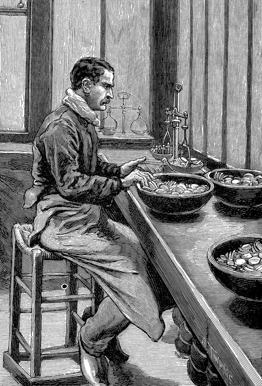 Testing av vekten av gullstykker, Paris mynte, 1892 av Unbekannt