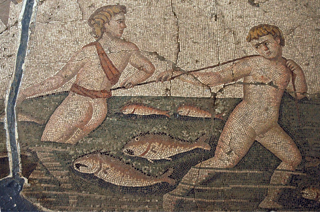 Thalasse and the Nude Fishermen mosaikk fra Vakto, detalj, Tyrkia, av Unbekannt