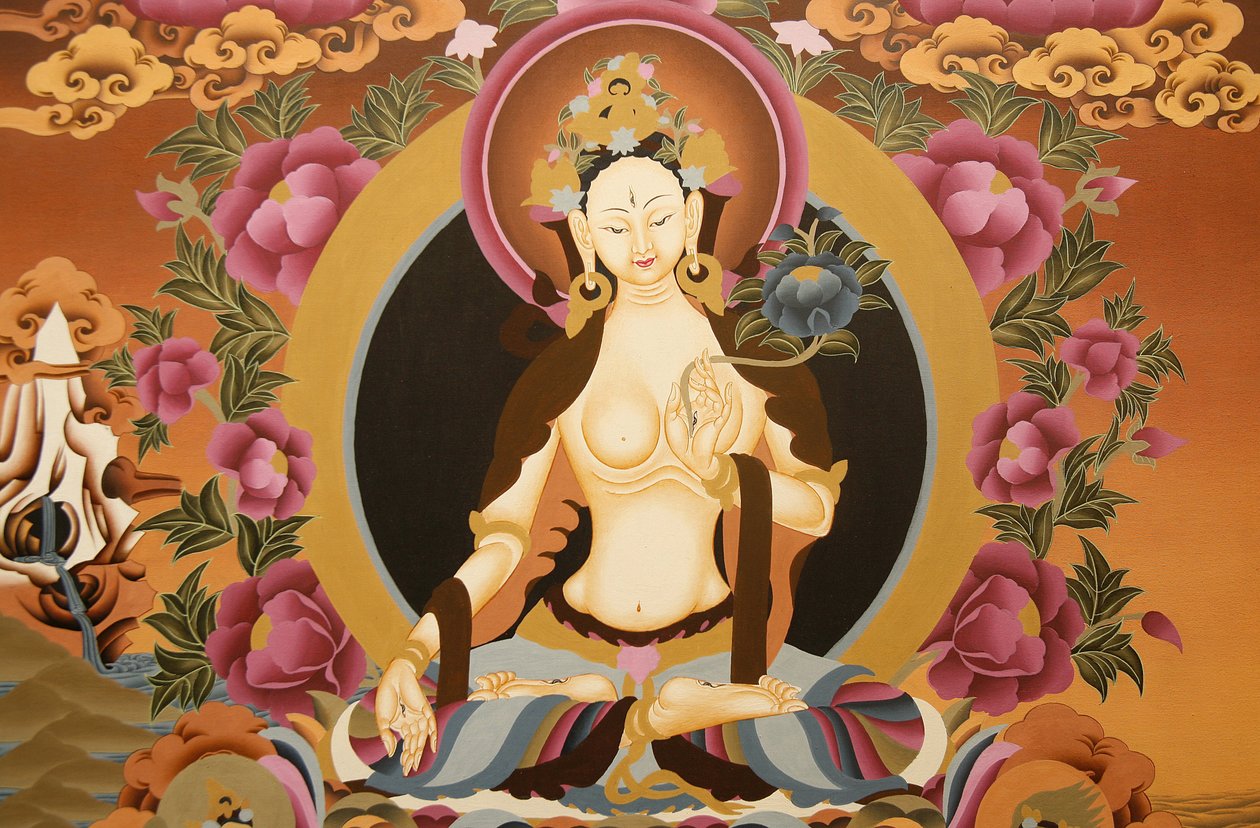 Thangka som skildrer White Tara-gudinnen, buddhistisk symbol på langt liv, Bhaktapur, Nepal av Unbekannt