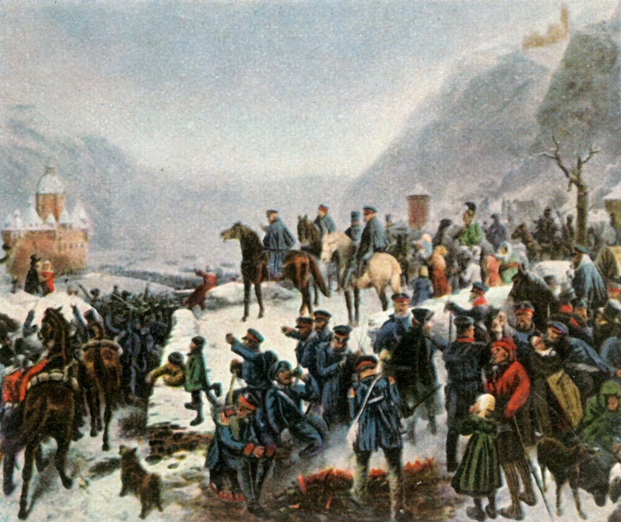 Den 1. schlesiske hær krysser elven Rhinen nær Kaub, 1. januar 1814, 1936. av Unbekannt