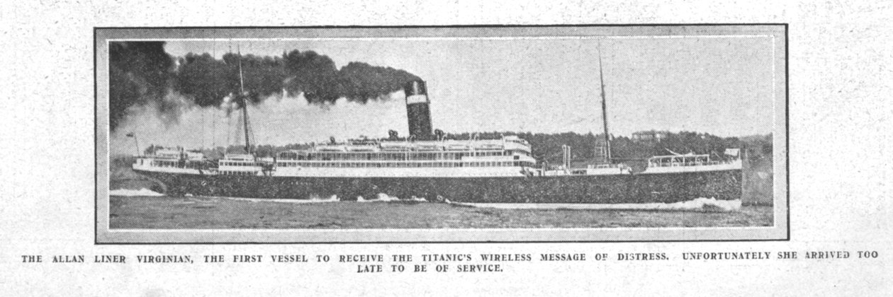 Allan Liner Virginian, det første fartøyet som mottok den trådløse meldingen..., 20. april 1912. av Unbekannt