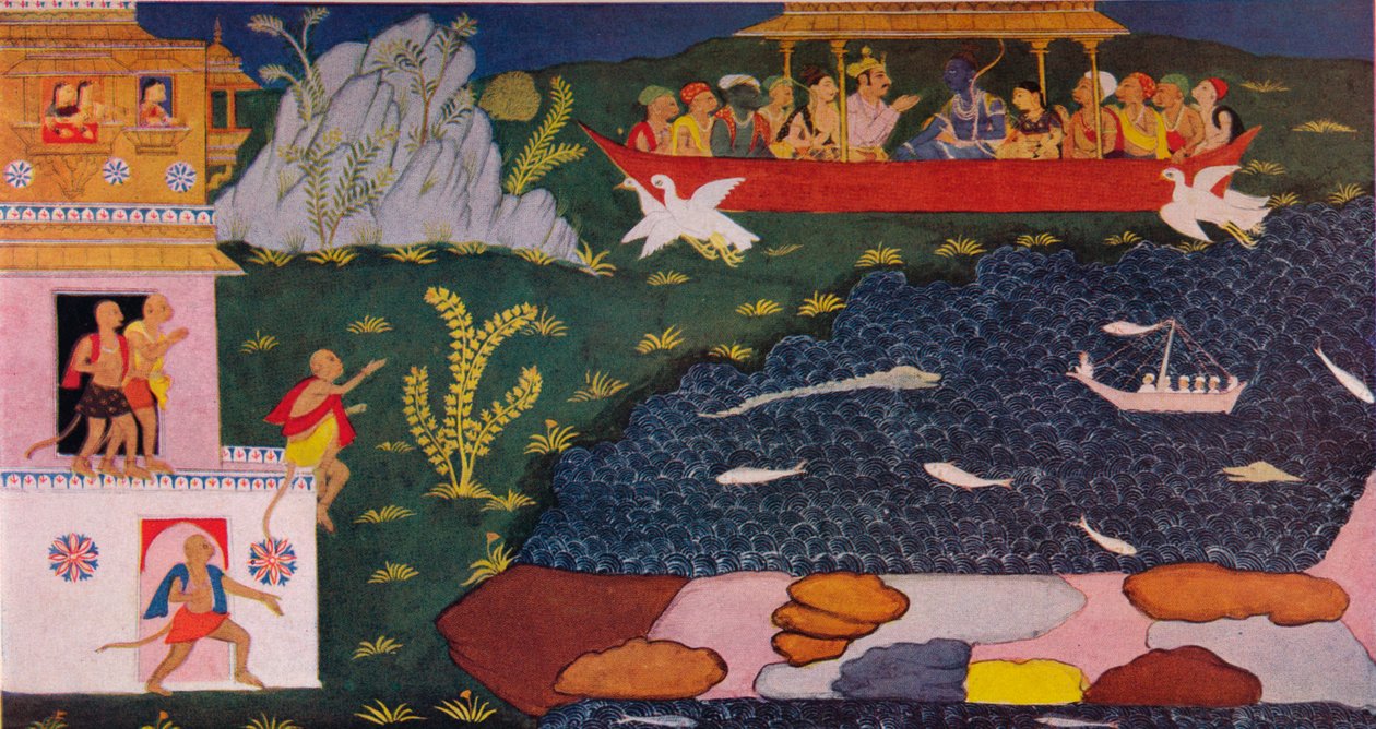 Ankomsten av Rama og Sita i luftbilen, 1700-tallet, 1937 av Unbekannt
