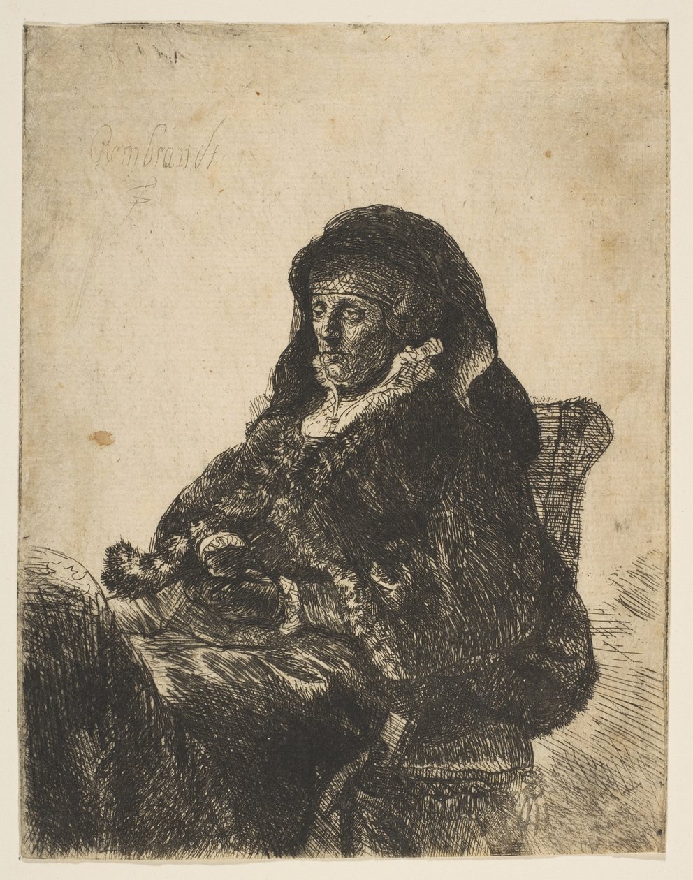 Kunstnerens mor sitter ved et bord, ser til venstre: Tre fjerdedels lengde, etter 1631. av Unbekannt