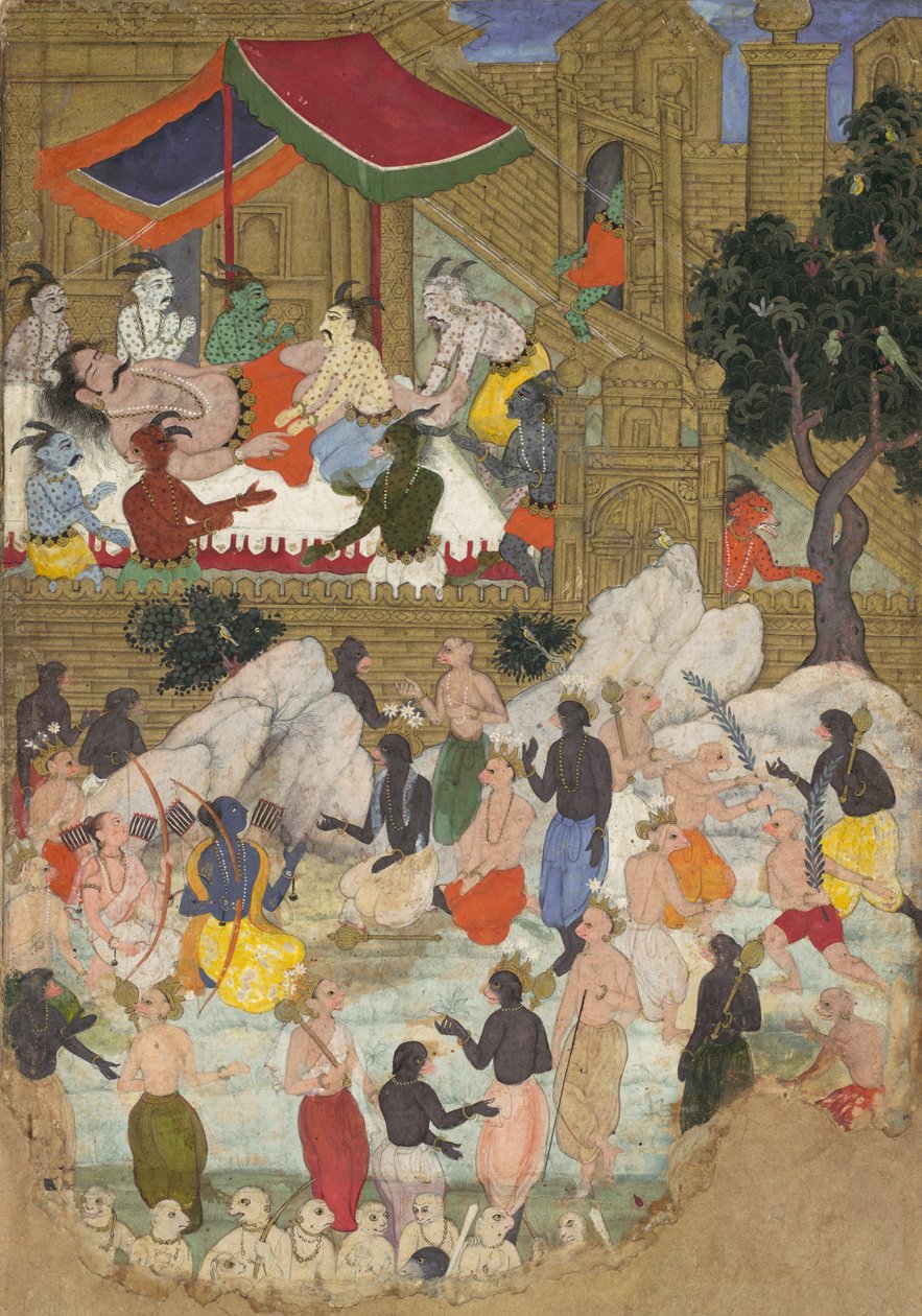 The Awakening of Kumbhakarna i Golden City of Lanka, Folio from a Ramayana, ca. 1605. av Unbekannt