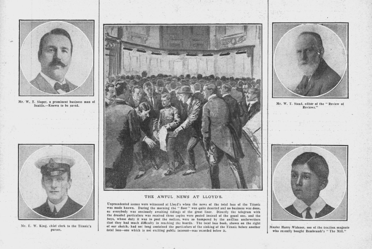 The Awful News at Lloyds, med portretter av noen av dem om bord på Titanic, 20. april 1912. av Unbekannt