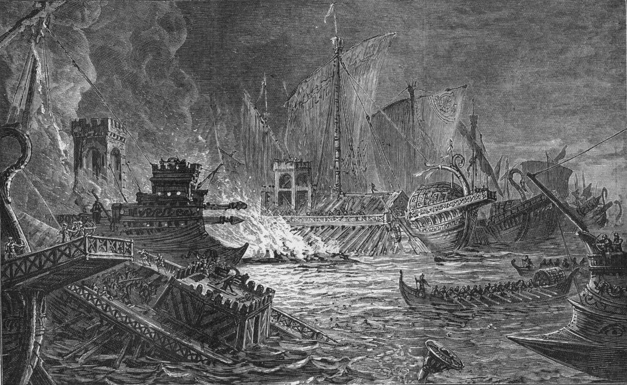 Slaget ved Actium, der Augustus beseiret Antony og Cleopatra, 31 f.Kr. 1908 av Unbekannt