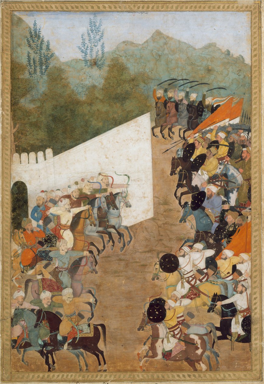 Slaget ved Shahbarghan, Folio fra en Padshahnama Chronicle of the Emperor, 1600-tallet. av Unbekannt