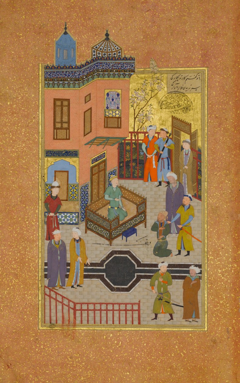 Tiggeren som bekjente sin kjærlighet til en prins, Folio 28r fra en Mantiq al-tair..., A.H. 892A.D. 14 av Unbekannt