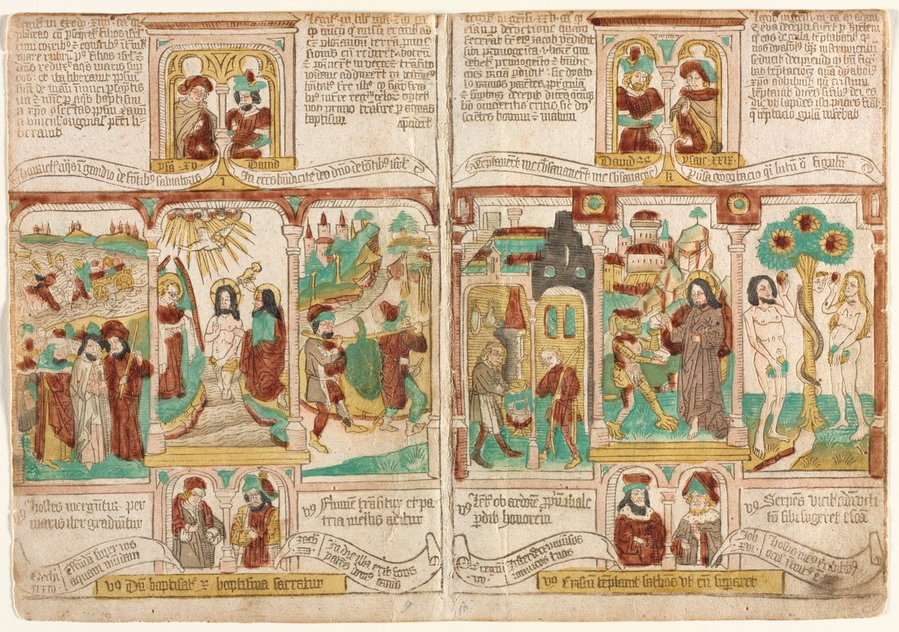The Bible of the Poor Biblia Pauperum, Faraos hær druknet i Rødehavet..., 1450-1465. av Unbekannt