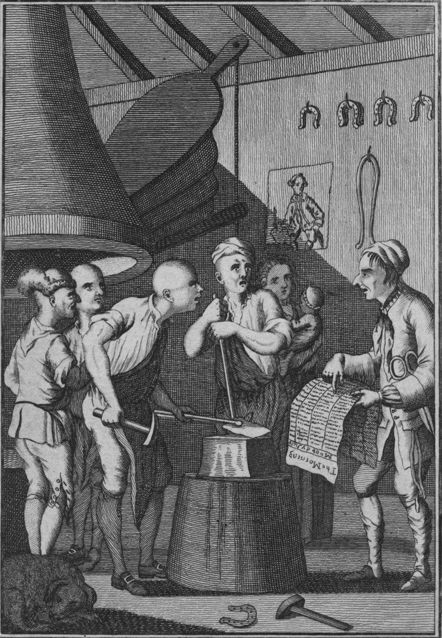 Smeden lar jernet sitt bli kaldt mens han går på Taylors News, 1772 av Unbekannt