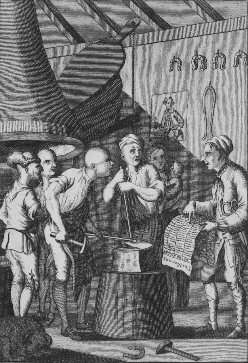 Smeden lar jernet sitt bli kaldt mens han går på Taylors News, 1772 av Unbekannt
