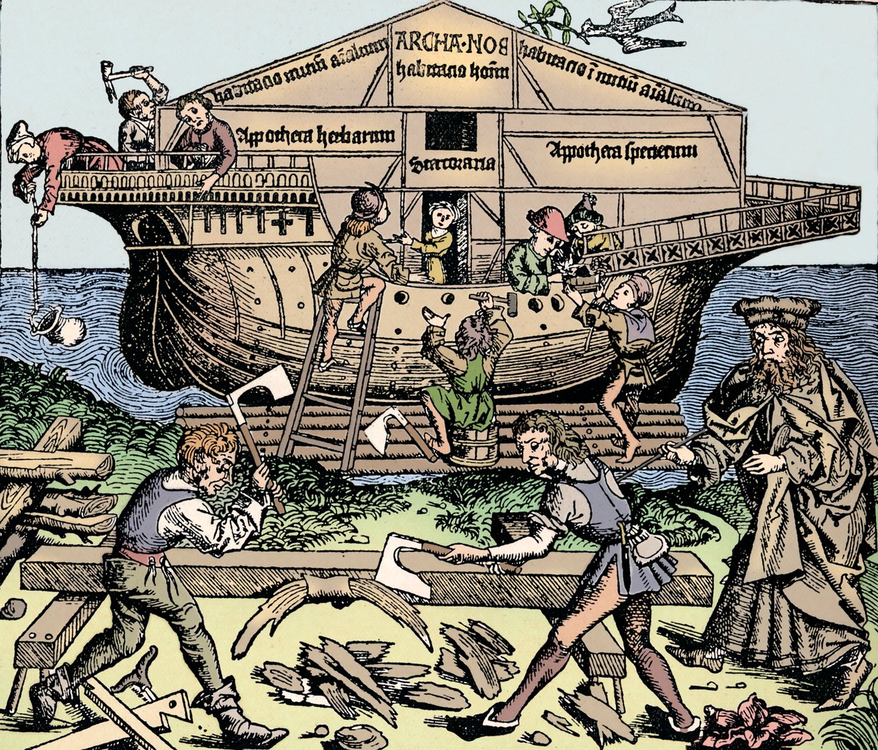 Bygningen av arken overvåket av Noah, 1493, 1903 av Unbekannt