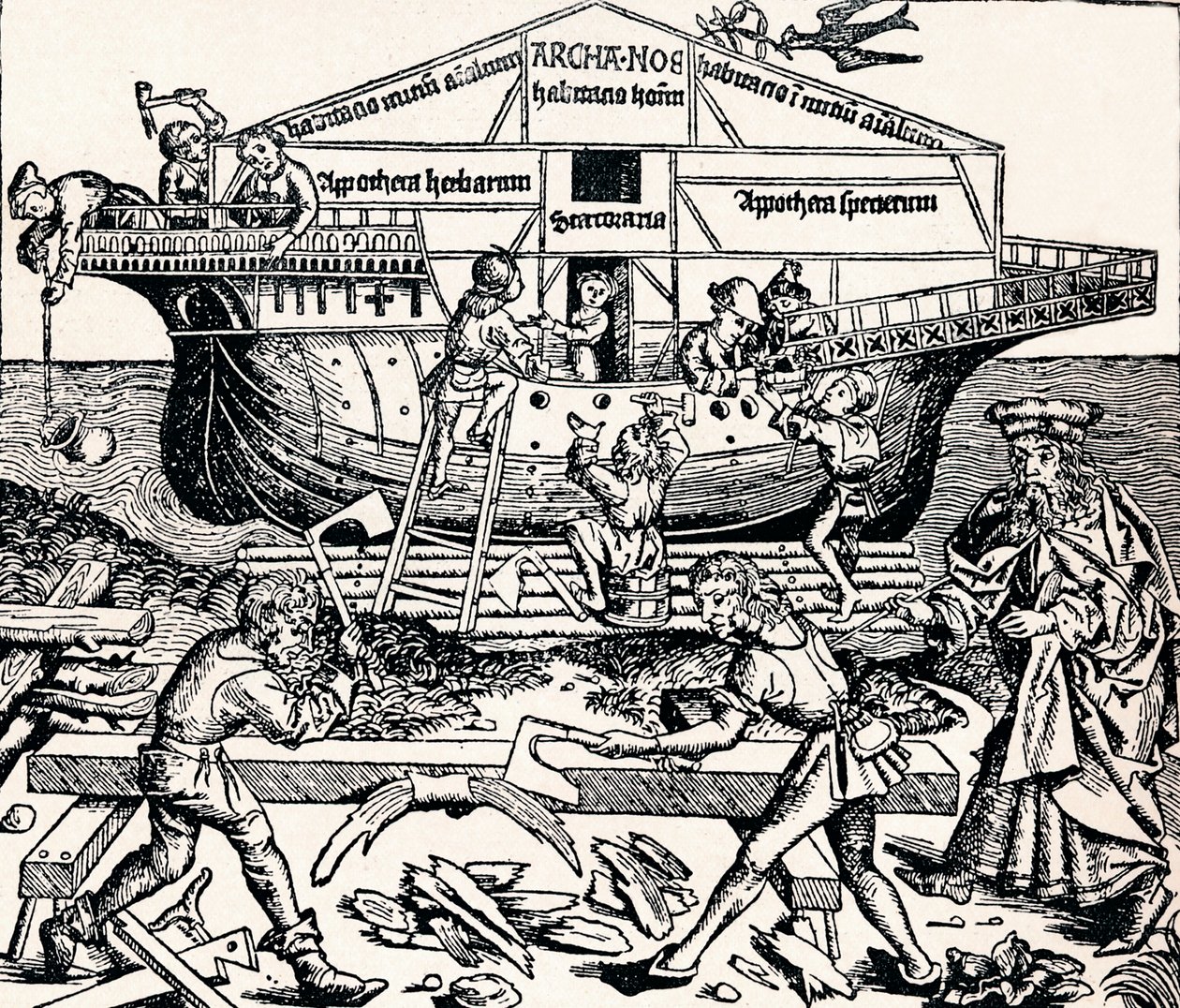Bygningen av arken overvåket av Noah, 1493, 1903 av Unbekannt