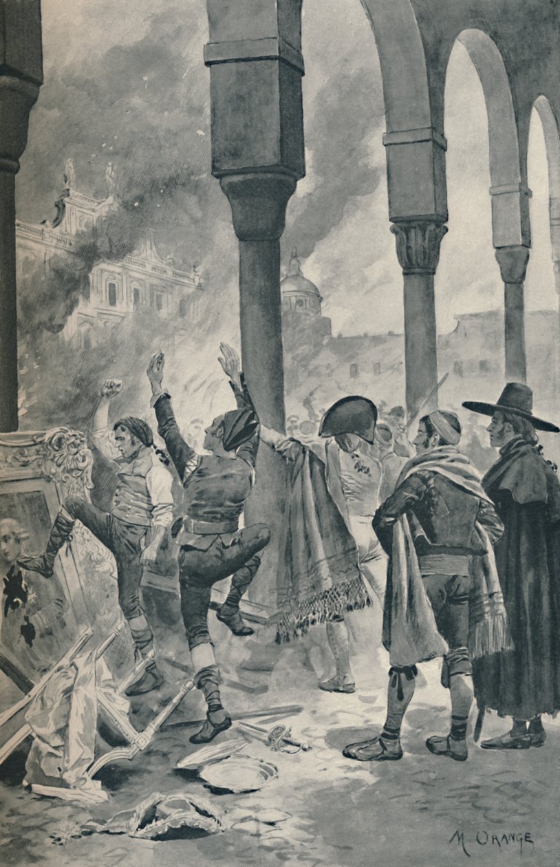 Brenningen av et palass i Godoy av befolkningen i Madrid, 1896 av Unbekannt