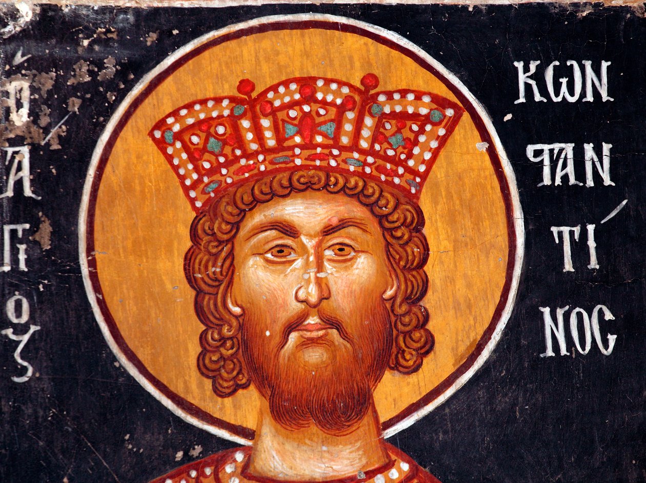 Den bysantinske fresken fra 1400-tallet (Detalj): Keiser Konstantin Veggmaleri Michael Erkeengelkirken i Pedoulas Kypros Malte kirker UNESCO-sted Troodos, Kypros av Unbekannt