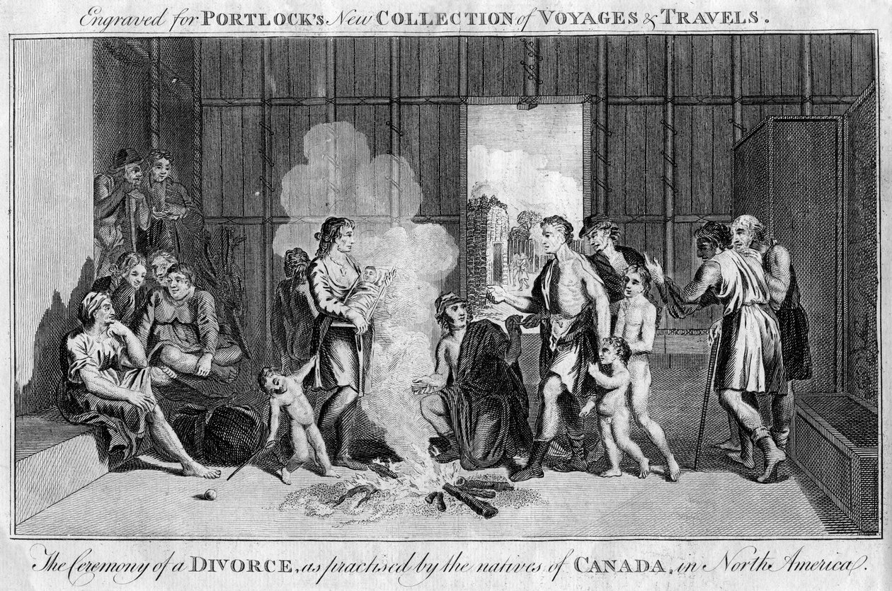 Seremonien for en skilsmisse, som praktisert av de innfødte i Canada, i Nord-Amerika, c1760 av Unbekannt