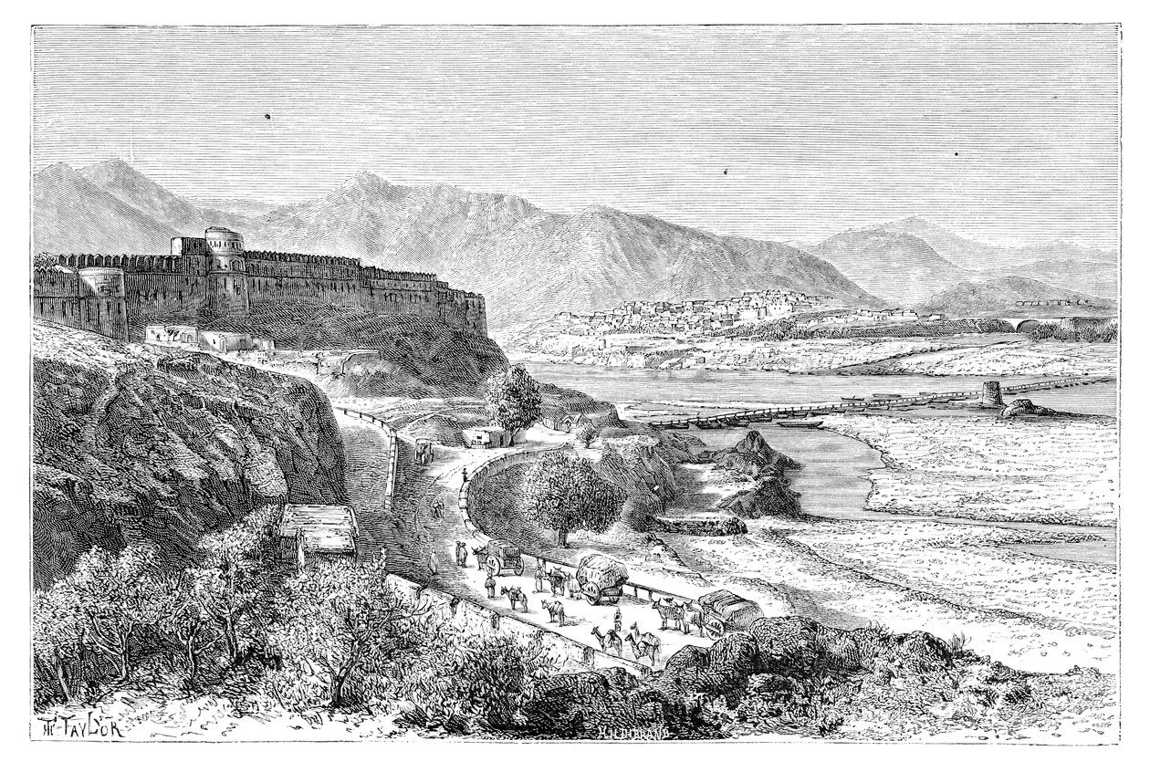 Citadel of Attock og en bro med båter over Indus, Pakistan, 1895 av Unbekannt