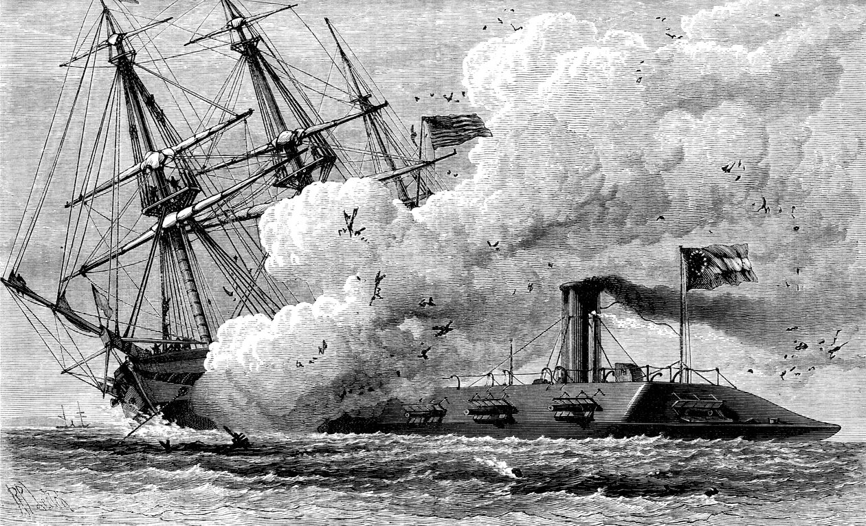 Den konfødererte jernkledde Merrimac senket USS Cumberland, 1862 c1880 av Unbekannt