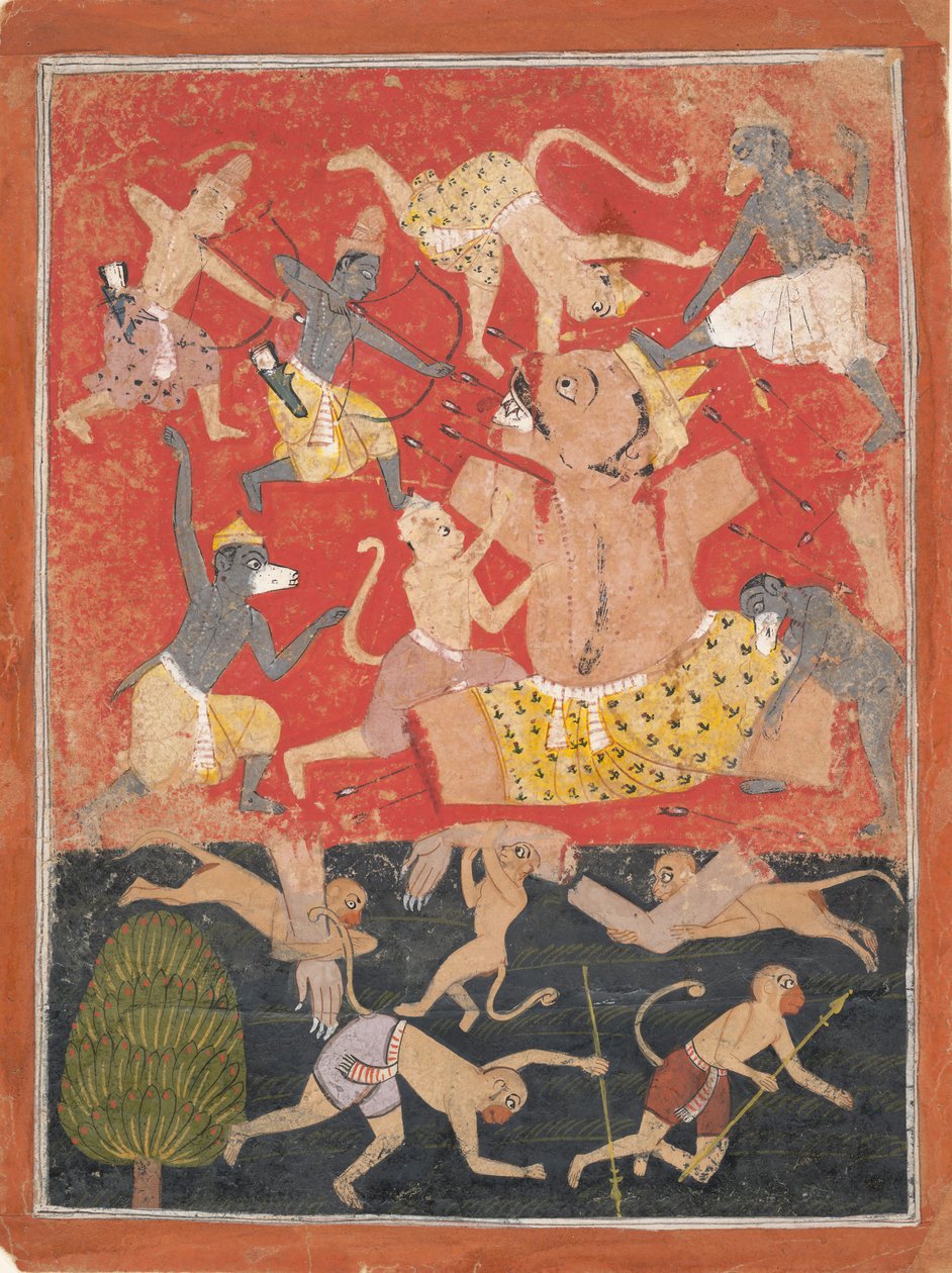 Demonen Kumbhakarna er beseiret av Rama og Lakshmana..., ca. 1670. av Unbekannt