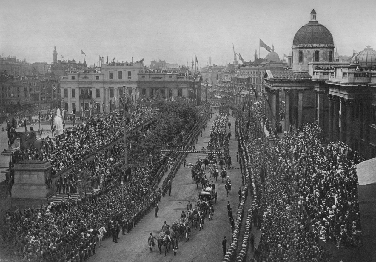 The Diamond Jubilee: Dronning Victorias vogn passerer National Gallery, London, 1897 1906 av Unbekannt