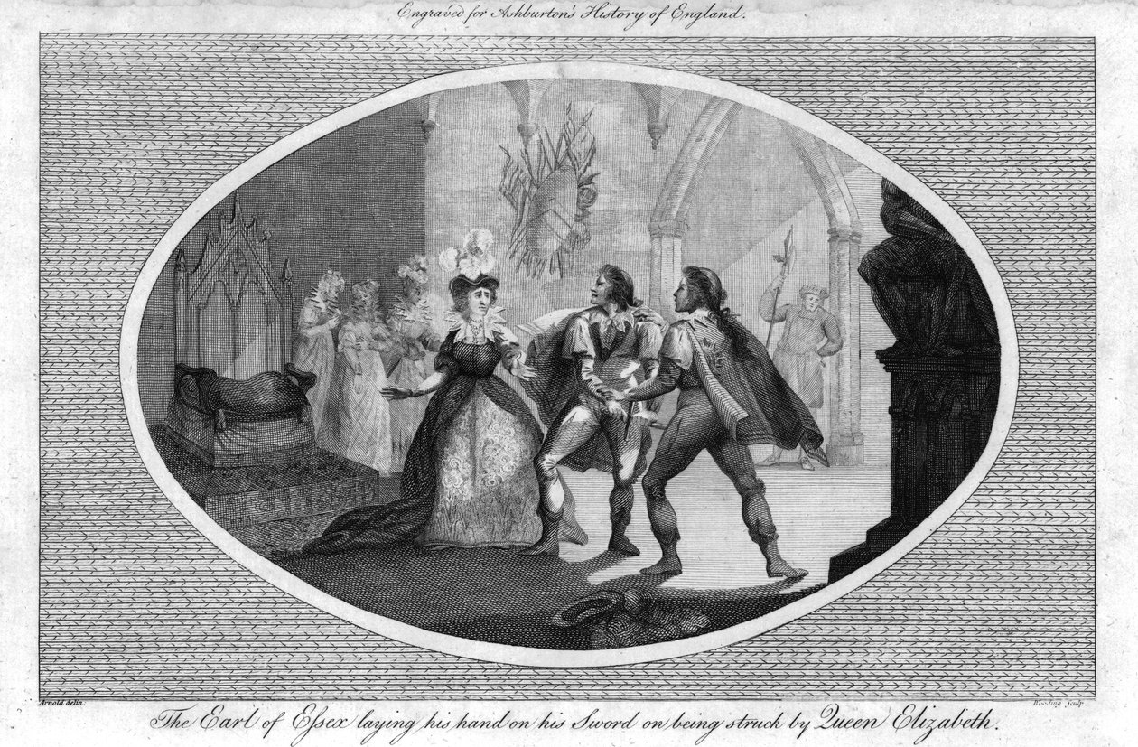 Jarlen av Essex legger hånden på sverdet sitt da han ble truffet av dronning Elizabeth., 1792 av Unbekannt