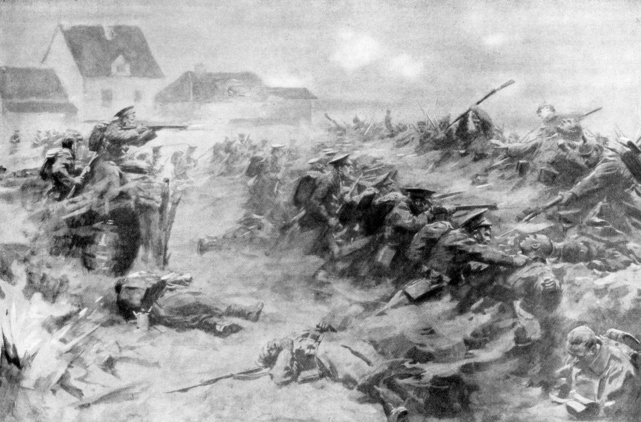 Engelskmennene driver tilbake tyskerne ved Ypres-fronten, Belgia, 11. november 1914, 1926 av Unbekannt