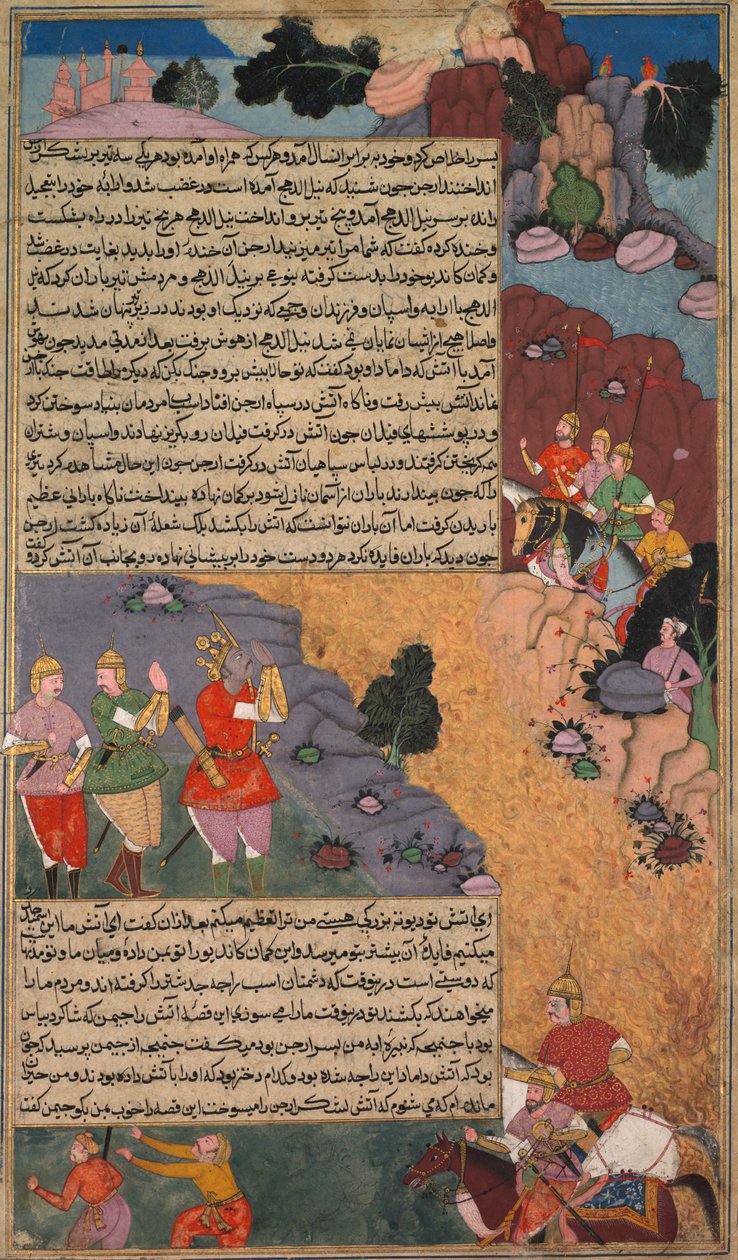Det første eventyret til den hvite hesten, side fra Khan Khanans Razm Nama..., ca. 1610-17. av Unbekannt