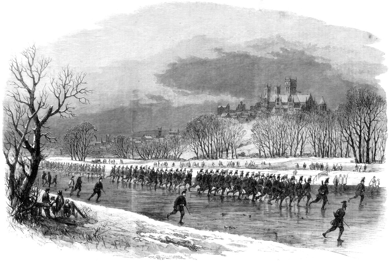 The First Lincolnshire Rifle Volunteers tar en marsj nedover elven Witham på skøyter, 1861 av Unbekannt