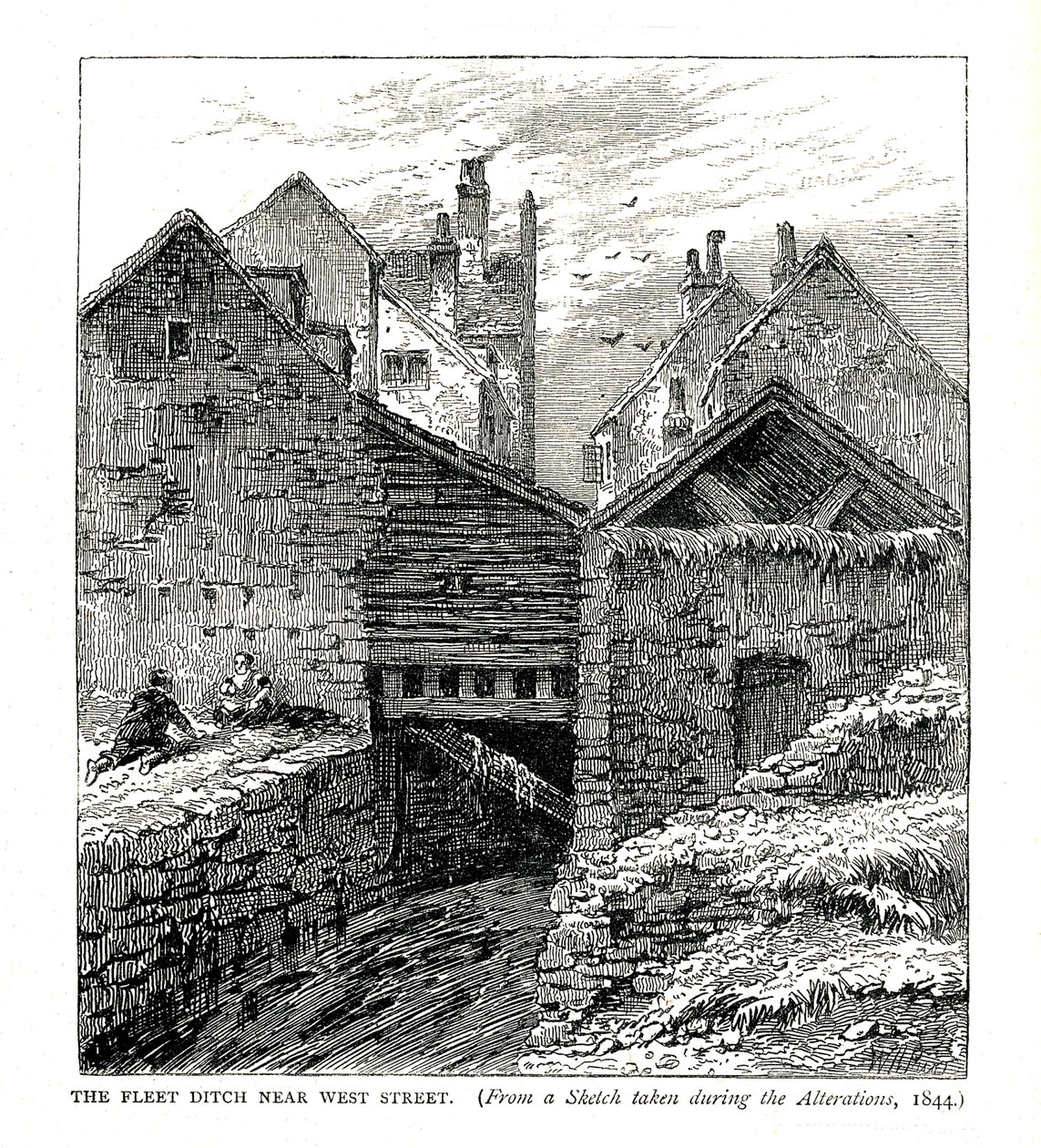 The Fleet Ditch nær West Street, under endringer, 1844 av Unbekannt