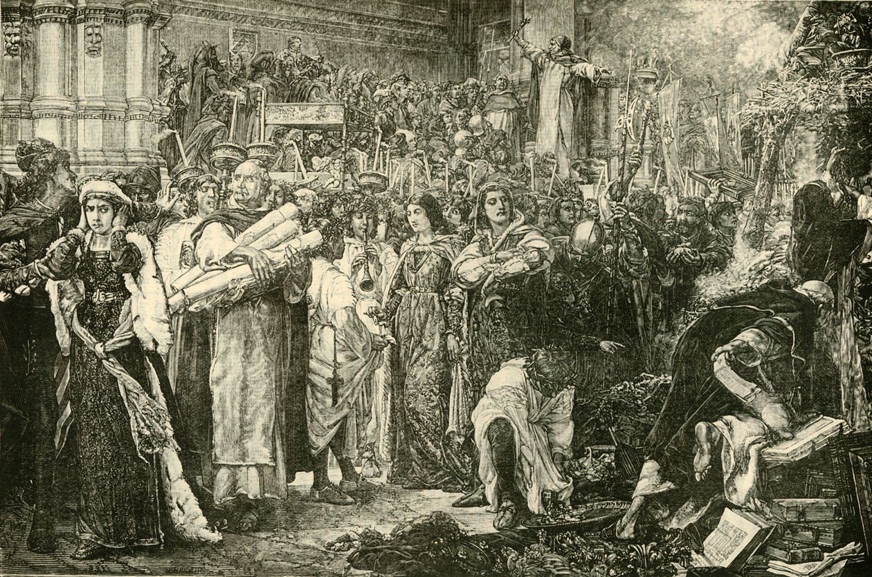 Florentinerne gir avkall på forfengelighetene etter ordre fra Savonarola, 1890. av Unbekannt
