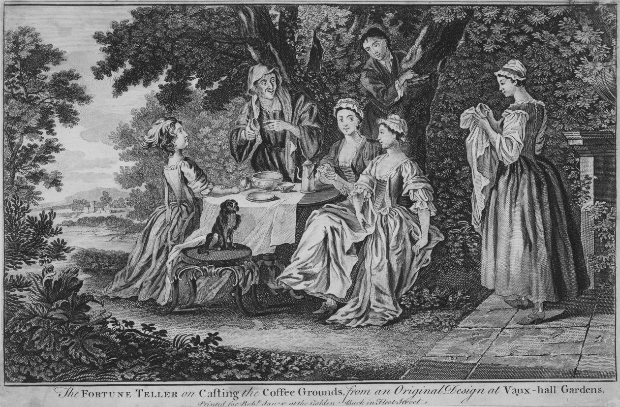 The Fortune Teller on Casting the Coffee Grounds, fra et originalt design i Vaux-hall ..., 1748-60. av Unbekannt