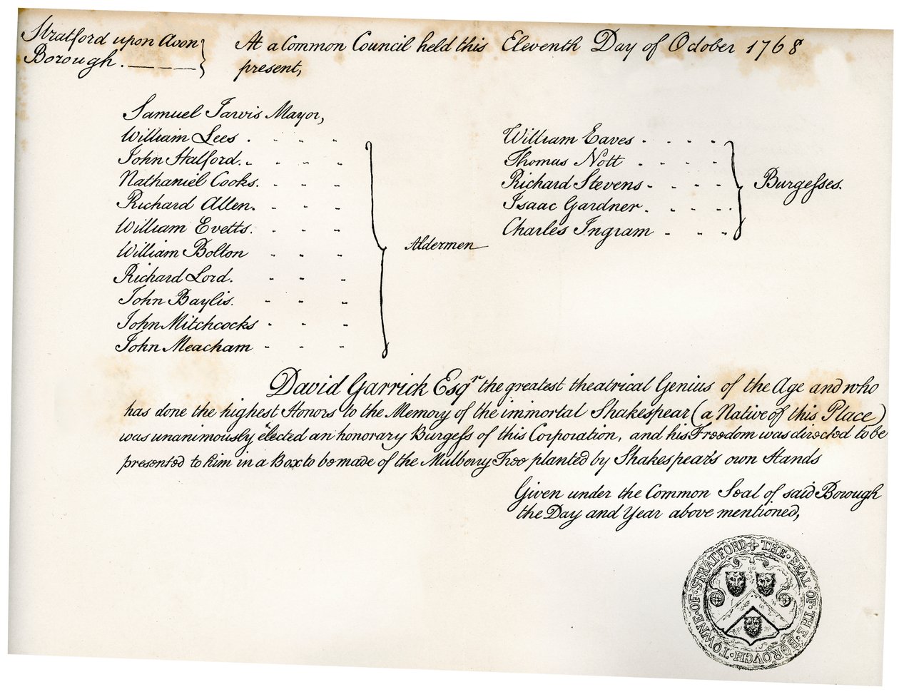 The Freedom of Stratford-upon-Avon, presentert for David Garrick, 1768, 1840 av Unbekannt